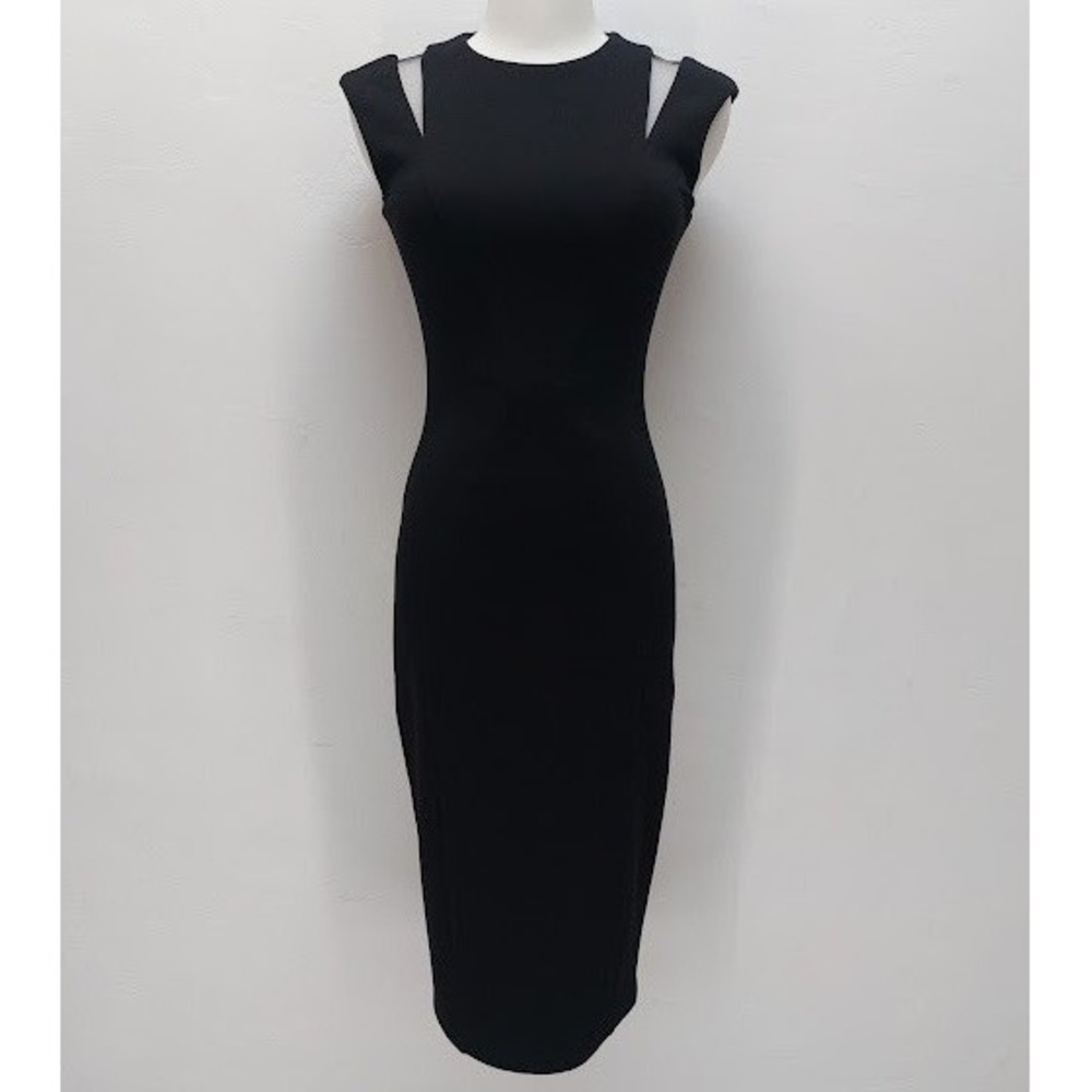 Bailey 44 Sheath Dress Women's XS Black Cold Shoulder Mesh Midi Cocktail LBD